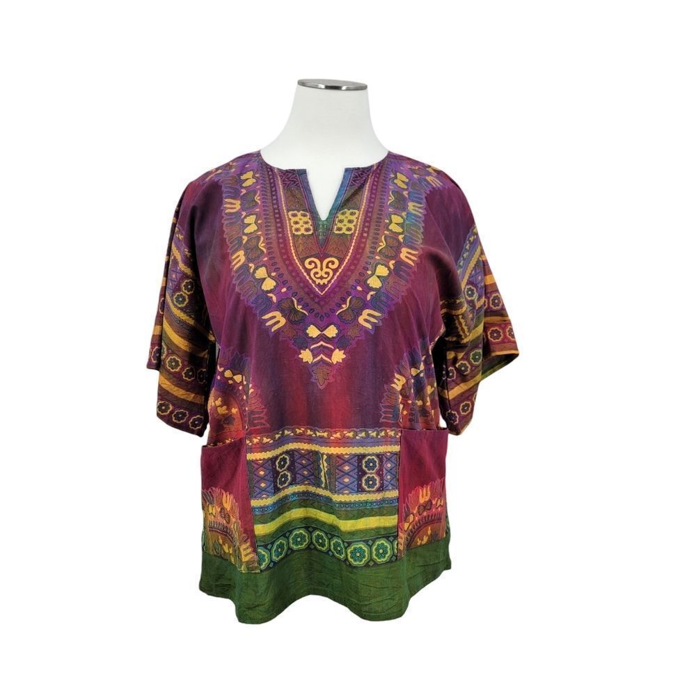 Gypsy Rose Women's Purple Patterned Tunic V-Neck Top Hippie Festival Dashiki